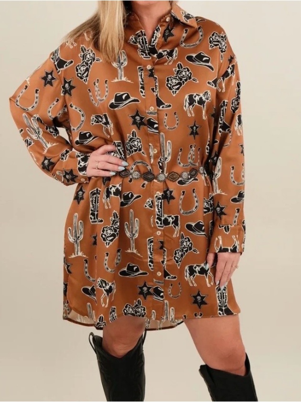 Western Shirt Dress Camel Toffee Brown Country Horse Rodeo Horseshoe Cowgirl